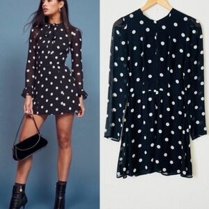 Reformation Black Polka Dot Long Sheer Sleeve Mini Dress Sz 4P